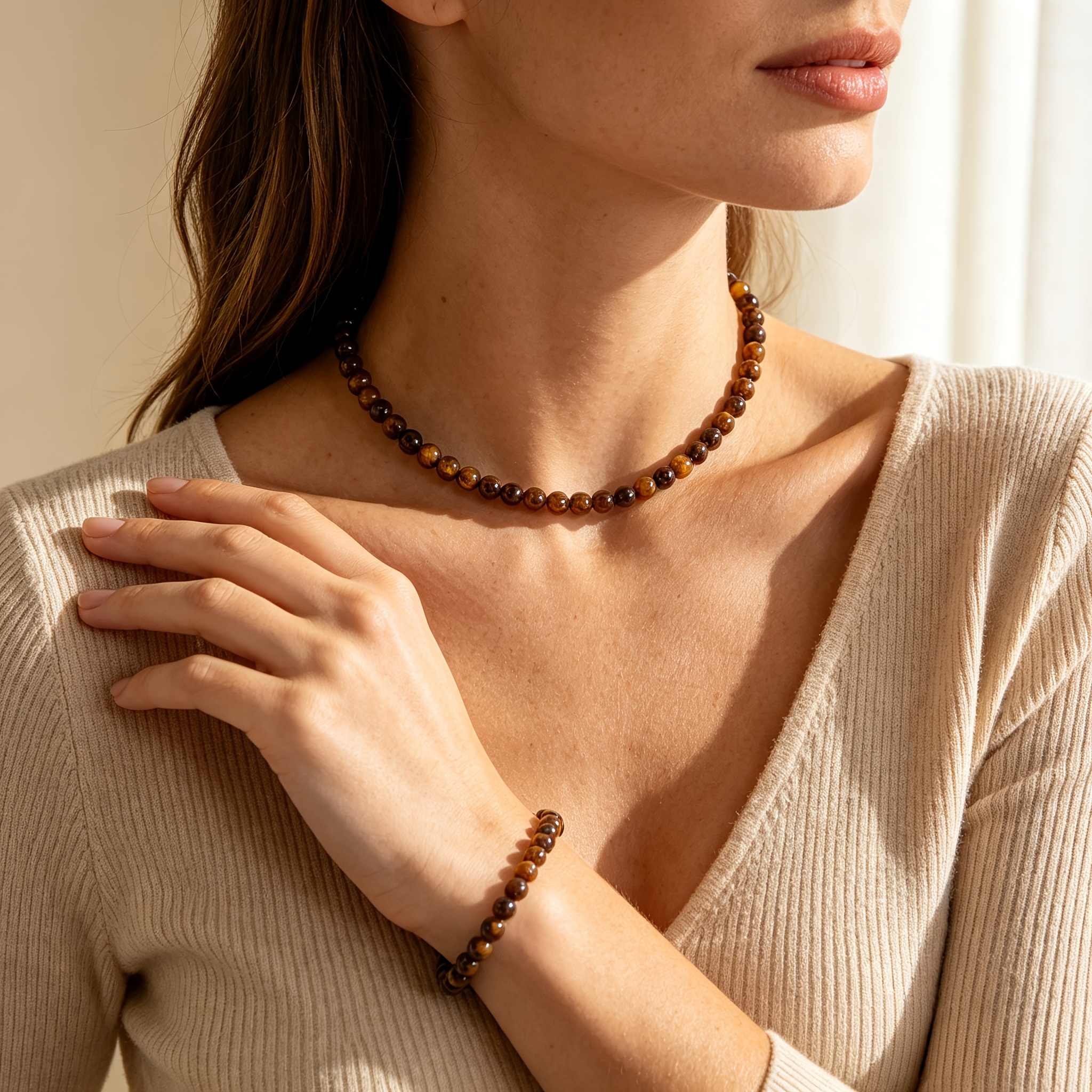 2pcs Bohemian Natural Stone Jewelry Set, Necklace & Bracelet
